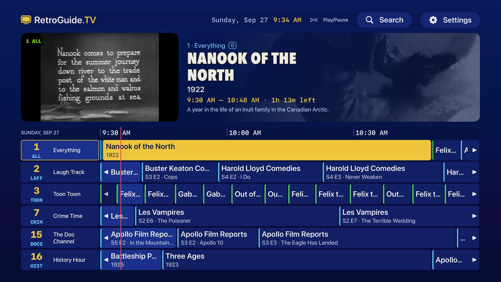 RetroGuide.TV program guide on Apple TV, showing channels like Everything, Laugh Track and Toon Town with what's on now and next