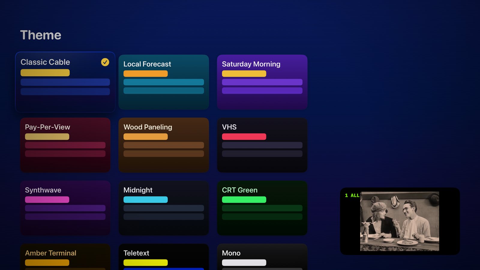 Theme picker with Classic Cable, Local Forecast, Saturday Morning, VHS, Teletext and more